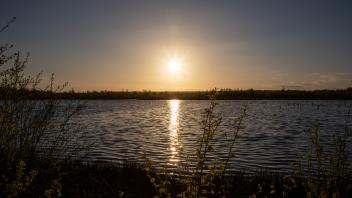 Tief stehende Sonne im April über dem Moorsee im Himmelmoor