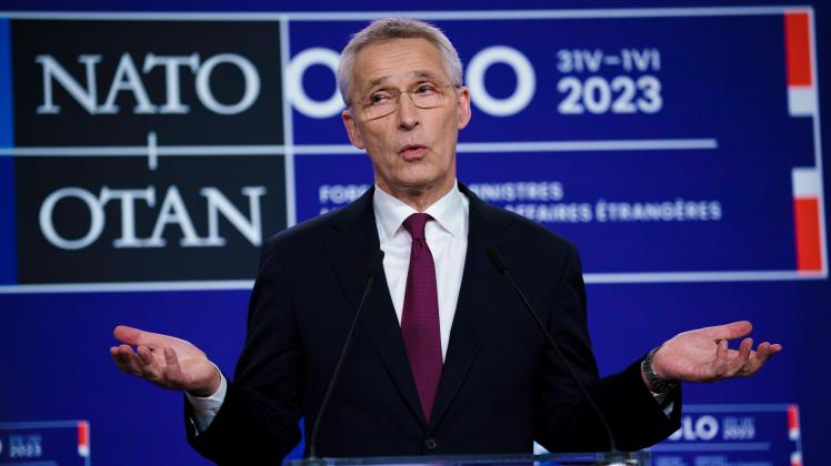 Nato, utenriksministermote i Oslo 31. mai - 1. juni 2023 Oslo 20230601. Natos generalsekretaer Jens Stoltenberg pa en pr