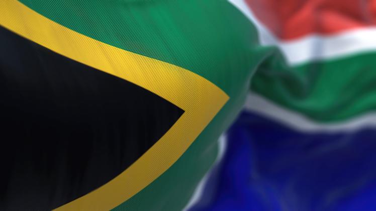Close-up view of the South Africa national flag waving in the wind, Close-up view of the South Africa national flag wavi