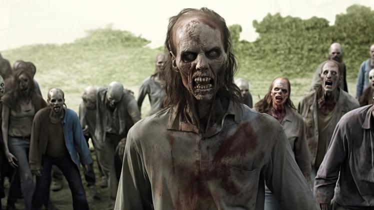 horde group of zombies dead walking in a destroyed city after infection with virus and end of the world of the alive peo