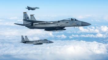 STYLELOCATIONU.S. Air Force F-15C Eagle fighter aircraft, assigned to the 493rd Fighter Squadron, return to Royal Air Fo