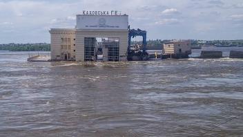 RUSSIA, KHERSON REGION - JUNE 8, 2023: A view of the Kakhovka Hydroelectric Power Plant in Novaya Kakhovka. Overnight in