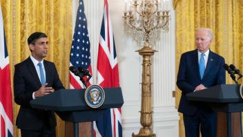 President Joe Biden (R) holds a joint news conference with Prime Minister Rishi Sunak of the United Kingdom in the East 