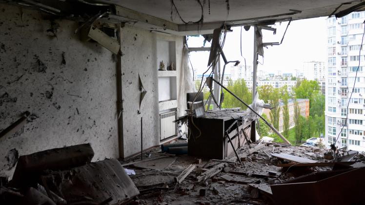 May 8, 2023, Kyiv, Ukraine: View of an apartment damaged from the middle in a residential building in Kyiv as a result o