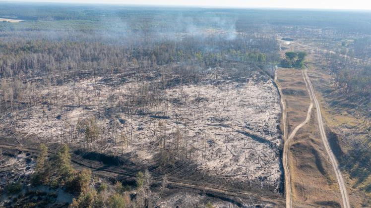 Waldbrand Lübtheen: Am 3. Tag scheint die Lage unter Kontrolle, haben sich die Feuer nicht  ausgebreitet, halten die Schneisen den Lauf. der Flammen auf. Der Ort Volzrade ist seit Montag evakuiert und soll nach Entscheidung der Einsatzleitung womöglich am Mittwoch wieder freigegeben werden. Vor Volzrade gleicht der Wald mittlerweile einer Mondlandschaft. 14. 06.2023 Foto Volker Bohlmann