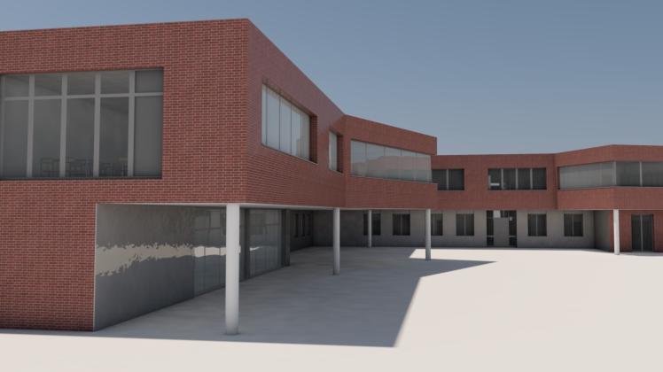 Die Fassade der neuen Grundschule in Haselünne wird größtenteils aus Klinkersteinen bestehen, im Erdgeschoss aber auch mit Trespa gestaltet. Das ist ein Material aus Holz und Kunststoff.