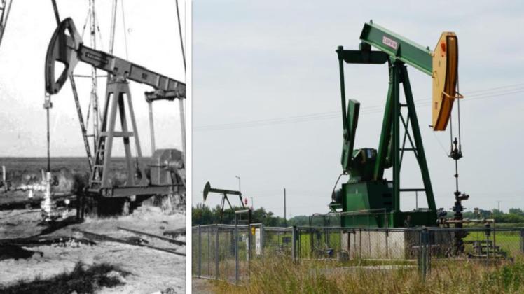 Seit 1954 setzt Exxon Mobil im Emsland die charakteristischen Tiefpumpenantriebe, im Volksmund Pferdekopfpumpen genannt, ein - hier ein Exemplar von 1955 neben einem aktuellen. Die Erdölförderung hat allerdings schon deutlich früher begonnen. 
