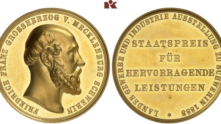 Die goldene Verdienstmedaille der des Großherzogtums Mecklenburg-Schwerin von 1883 wurde nur zwölfmal geprägt. Ihren Wert schätzen Experten auf 10.000 Euro.