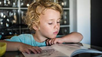 A little boy (age 3-and-a-half years) reads a book at a table in his home. . MR: Sean Pablo Saez O Donoghue Andalusia Sp