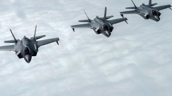 Norwegian F-35 Lightning fighter jets fly during the Arctic Challenge Exercise (ACE) near Orland Main Air station, Norway on June 1, 2023. Aircraft from Norway, Belgium, the Czech Republic, Italy, The Netherlands and the USA are based at Orland during the exercise. Around 150 aircraft from 14 countries as well as NATO are participating and are flying from four bases, two in Finland, one in Sweden and Orland in Norway. (Photo by Cornelius Poppe / NTB / AFP) / Norway OUT