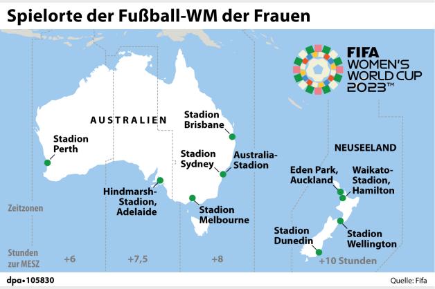 Spielorte der Frauen-Fußball-WM 2023 (04.07.2023) Spielorte der Frauen-Fußball-WM 2023 (04.07.2023)