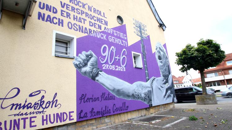 Das wohl bekannteste Graffiti Osnabrücks ist in Eversburg zu sehen: VfL-Trainer Tobias Schweinsteiger bejubelt den Aufstieg seiner Mannschaft.