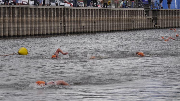 Beobachtet von zahlreichen Besuchern des Elbebadetages liefern sich die Stromschwimmer auf den letzten Metern im Nedwighafen noch ein spannendes Rennen. Torsten Gottschalk$