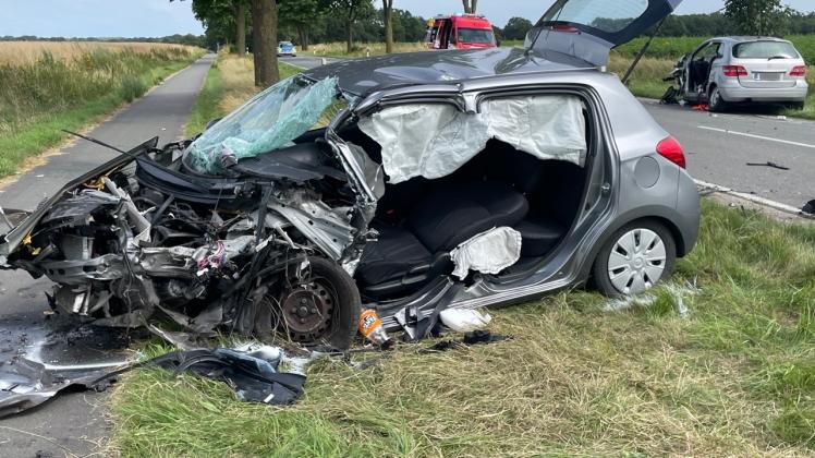 Der Mitsubishi-Kleinwagen und die Mercedes B-Klasse (rechts) stießen auf der Landesstraße zwischen Sögel und Lathen frontal ineinander.