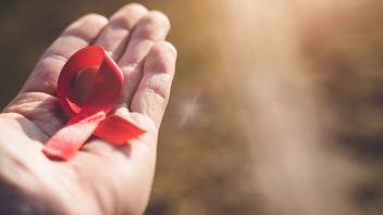 Langweid, Bavaria, Germany - 1 March 2023: Hand holding a red bow against the sun. Symbol image cancer, aids and HIV ***