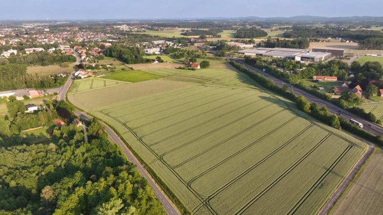 Drohnenbild geplantes Gewerbegebiet Gruene Kirchbreede in Melle - 08.06.2023
