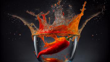 RECORD DATE NOT STATED An AI generated illustration of realistic fresh red pepper falling in water glass with splash on 