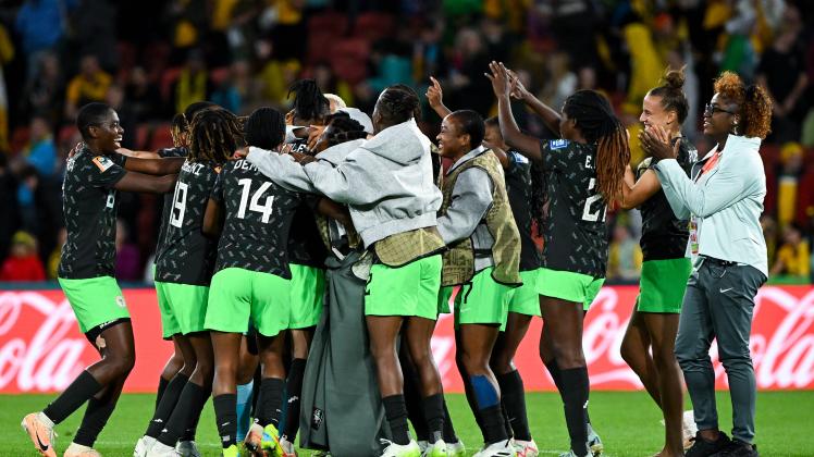 WWC23 AUSTRALIA NIGERIA, Team Nigeria celebrate after winning the FIFA Women s World Cup 2023 soccer match between Austr