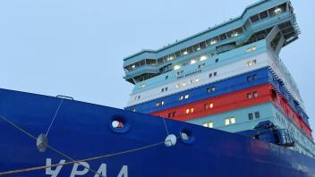 RUSSIA, MURMANSK - DECEMBER 2, 2022: The Ural nuclear-powered icebreaker is pictured during a send-off ceremony at the M