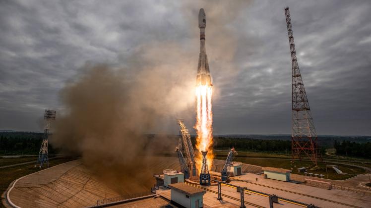 RUSSIA, AMUR REGION - AUGUST 11, 2023: The Soyuz 2.1b rocket with a Fregat-M upper stage carrying the Luna-25 lander lif