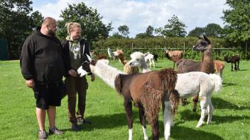 20 Lamas und neun Alpakas gehören inzwischen zum Rheider Hof von Dennis Ewert (li.) und Philipp Sichler.