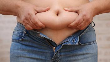 Hose passt nicht mehr, Frau haelt ihre Bauchspeckroellchen ueber einer zu engen Hose pants no longer fit, woman holding 