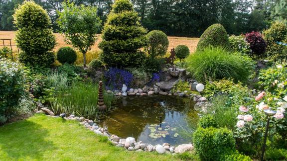 Blick auf einen Garten mit Teich, im Hintergrund ein Feld Blick auf einen Garten mit Teich, im Hintergrund ein Feld