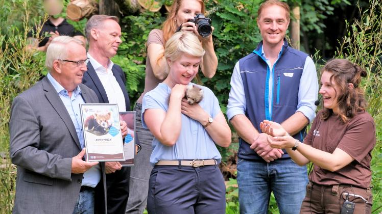 Stolze Patin: Ministerpräsidentin Manuela Schwesig durfte den kleinen Roten Panda in den Arm nehmen.
