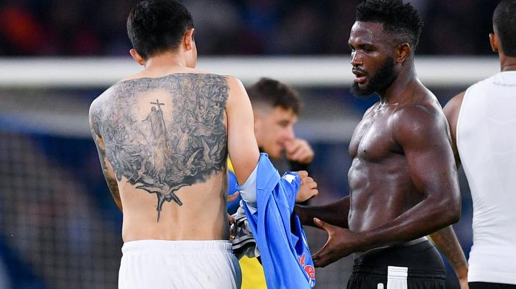 A detailed view of Min-Jae Kim of SSC Napoli tattooed back during the Serie A match between Napoli and Udinese at Stadio