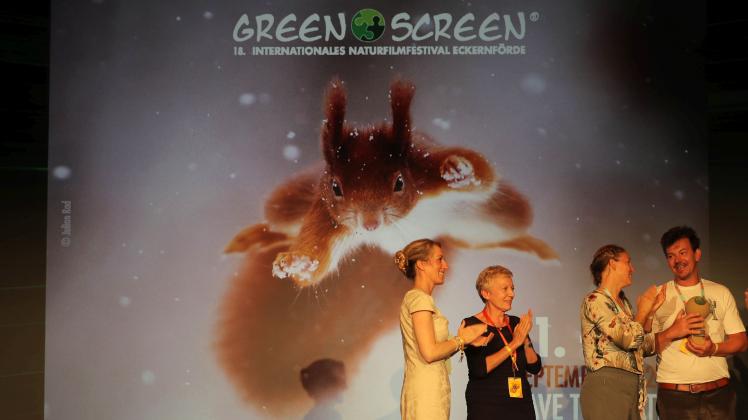 Hier ist es - das Green Screen-Fotomotiv 2024: ein Eichhörnchen im Anflug.