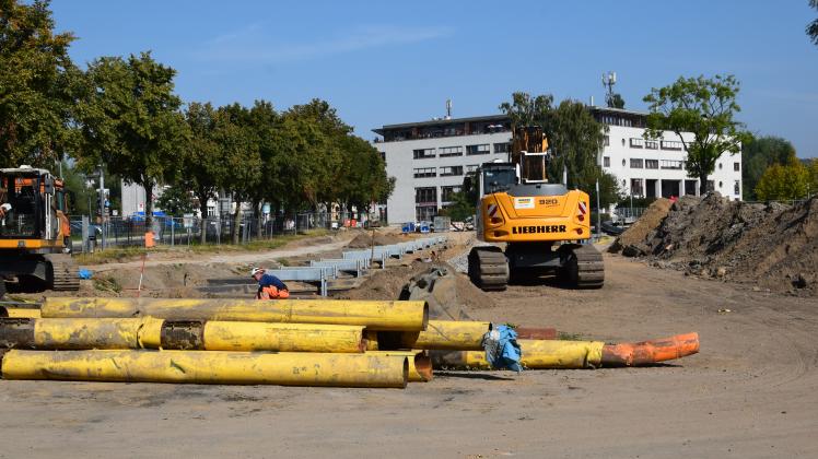 Bauarbeiten in Schwerin auf der Baustelle am Beutel im September 2023