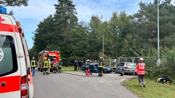 Unter anderem wurde ein schwerer Autounfall mit mehreren eingeklemmten Personen simuliert, der auch noch einen Waldbrand verursachte. Großübung Feuerwehrbereitschaften Landkreis Oldenburg und Friesland