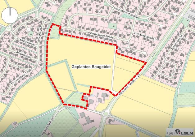 Die gestrichelte Linie markiert die 12,5 Hektar große Fläche an der L48 in Altharen, die die Stadt Haren als neues Baugebiet erschließen will. 