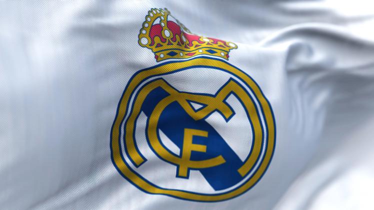 The flag of Real Madrid Club de Futbol waving in the wind on a clear day, Madrid, Spain, May 2022: The flag of Real Madr