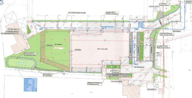 So sieht der Plan für die Umfeldgestaltung der neuen Turnhalle in Haselünne im Detail aus. Oben schließt sich der Rasenplatz des Hasestadions an, unten das Freibad, rechts die Leichtathletik-Anlage.
