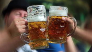 gemeinsames Zuprosten und Anstoßen mit einer Mass Bier im Biergarten in München Bayern Deutschland