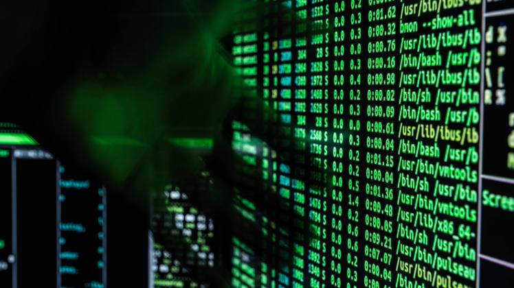 Ein Mann hält seine Hand vor ein fiktives Hacker-Programm, das auf zwei Bildschirmen eines Computers zu sehen ist. Rottw