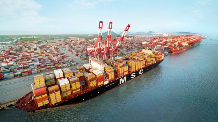 Containerfrachter der Reederei MSC sind in allen Welthäfen präsent, hier die „MSC Gülsün“ in Schanghai. 