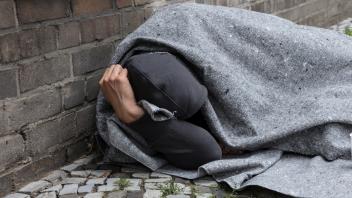 Homeless Man Sleep On Street, Homeless Man Covered With Blanket Sleeping On Street In City, Homeless Man Covered With Bl