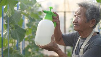 Agricultural  concepts.  Gardeners  spray  insecticides  for  fruit  trees  in  the  garden.  4k  Re