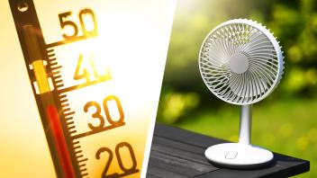 FOTOMONTAGE, Ventilator und Thermometer, Symbolfoto Hitzewelle *** PHOTOMONTAGE, fan and thermometer, symbol photo heat 