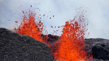 September 14, 2023, Kilauea, HI, United States of America: A lava fountain erupts from a vent sending liquid magma 50 fe
