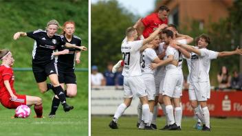 Während Janina Josephine Ohm (li., schwarzes Trikot) mit ihrer SG Neudorf-Bornstein/Osdorf im Topspiel des Flens-Cup-Viertelfinals den TSV Kropp empfängt, will der Eckernförder SV im Kreispokal der Männer am Dienstag, 3. Oktober, auch beim OTSV jubeln dürfen und das Halbfinal-Ticket lösen.