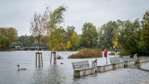 Hochwasser in Rostock - am späten Freitag-Vormittag trat die Unterwarnow über die Ufer. Der Pegel betrug laut Meßstelle Mühlendamm gut 6m. Im Petriviertel und am Gehlsdorfer Ufer überschwemmte das Wasser Gehwege und sorgte für Hektik bei einigen Bootsbesitzern, die ihre an den Stegen festgemachten Boote nicht trockenen Fußes erreichen konnten.Foto: Georg Scharnweber