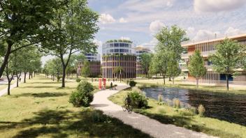 Am heutigen Laxtener Esch an der B214 (links) soll der „IT-Campus Lingen“ künftig moderne Arbeitsmodelle mit Wohlfühlen verbinden. Bis zu 2000 Personen sollen in dem 13 Hektar großen Gewerbepark einmal arbeiten.