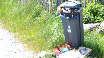 Ein überfüllter Mülleimer, neben dem Abfall liegt.