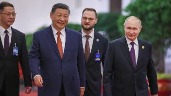 CHINA, BEIJING - MAY 16, 2024: Russia s President Vladimir Putin (R) and China s President Xi Jinping attend an official