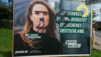 Rechtsextreme Symbolik: Dieses Wahlplakat mit einem Konterfei der grünen Europa-Spitzenkandidatin Terry Reintke wurde mit Hitlerbärtchen, Hakenkreuz und SS-Runen beschmiert.