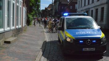 Angeführt von einem Polizeiwagen zog der Demonstrationszug durch die Stadt, hier in der Lübecker Straße.