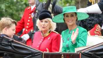 June 17, 2023, London, United Kingdom: Prince George, Queen Camilla and Catherine, Princess of Wales travelling in an op